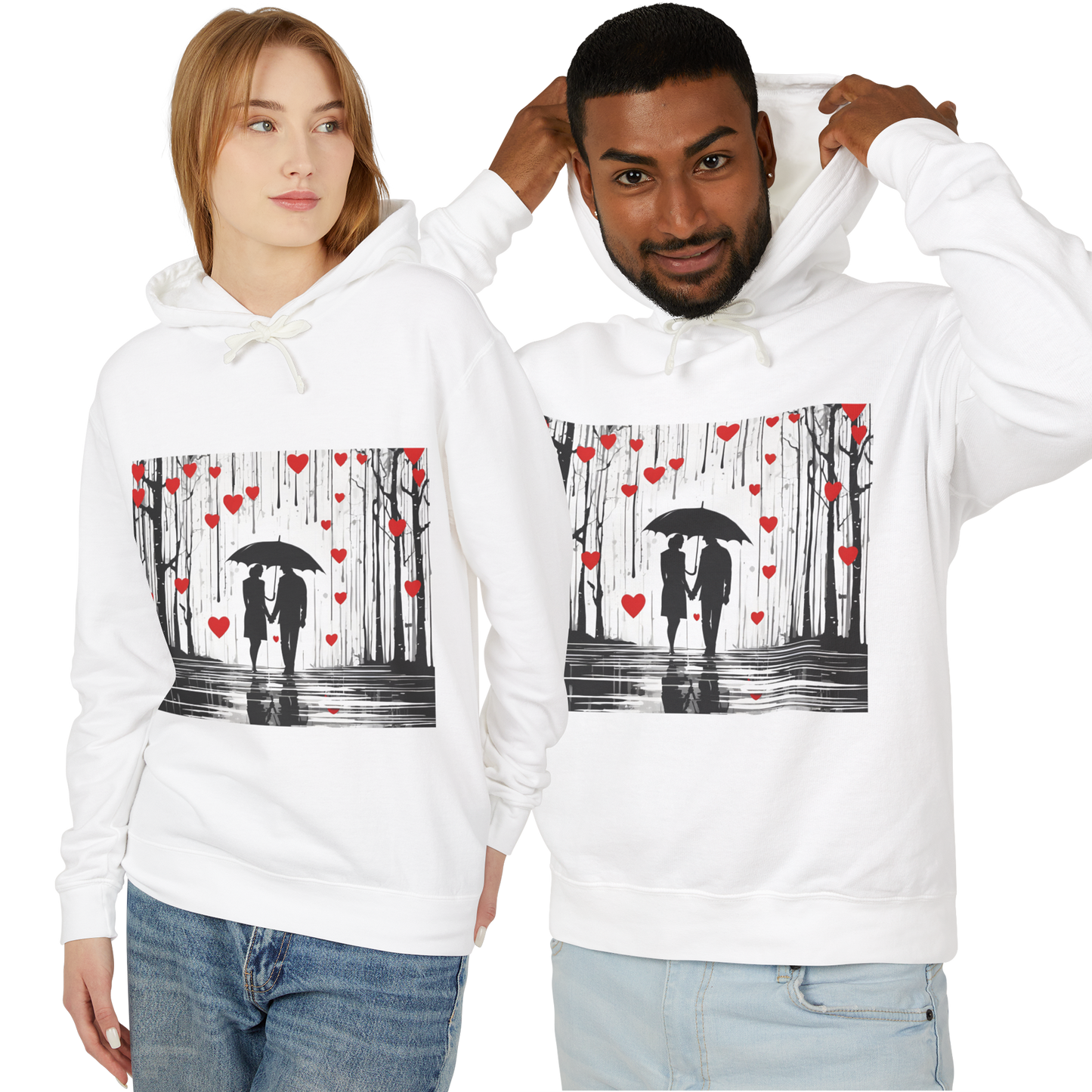 Couples' Matching Hoodies – Romantic Umbrella & Rain Heart