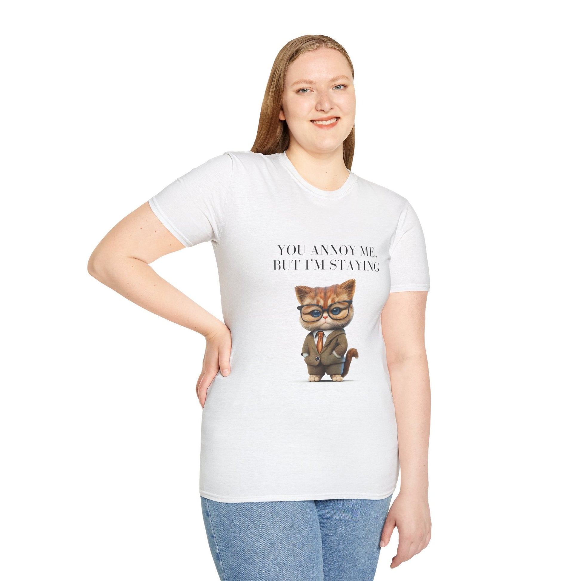 [Unisex Couple T-Shirt] Cat Wearing Glasses with Text: "You Annoy Me, But I’m Staying" - Nordic Official[Unisex Couple T-Shirt] Cat Wearing Glasses with Text: "You Annoy Me, But I’m Staying"T-Shirt