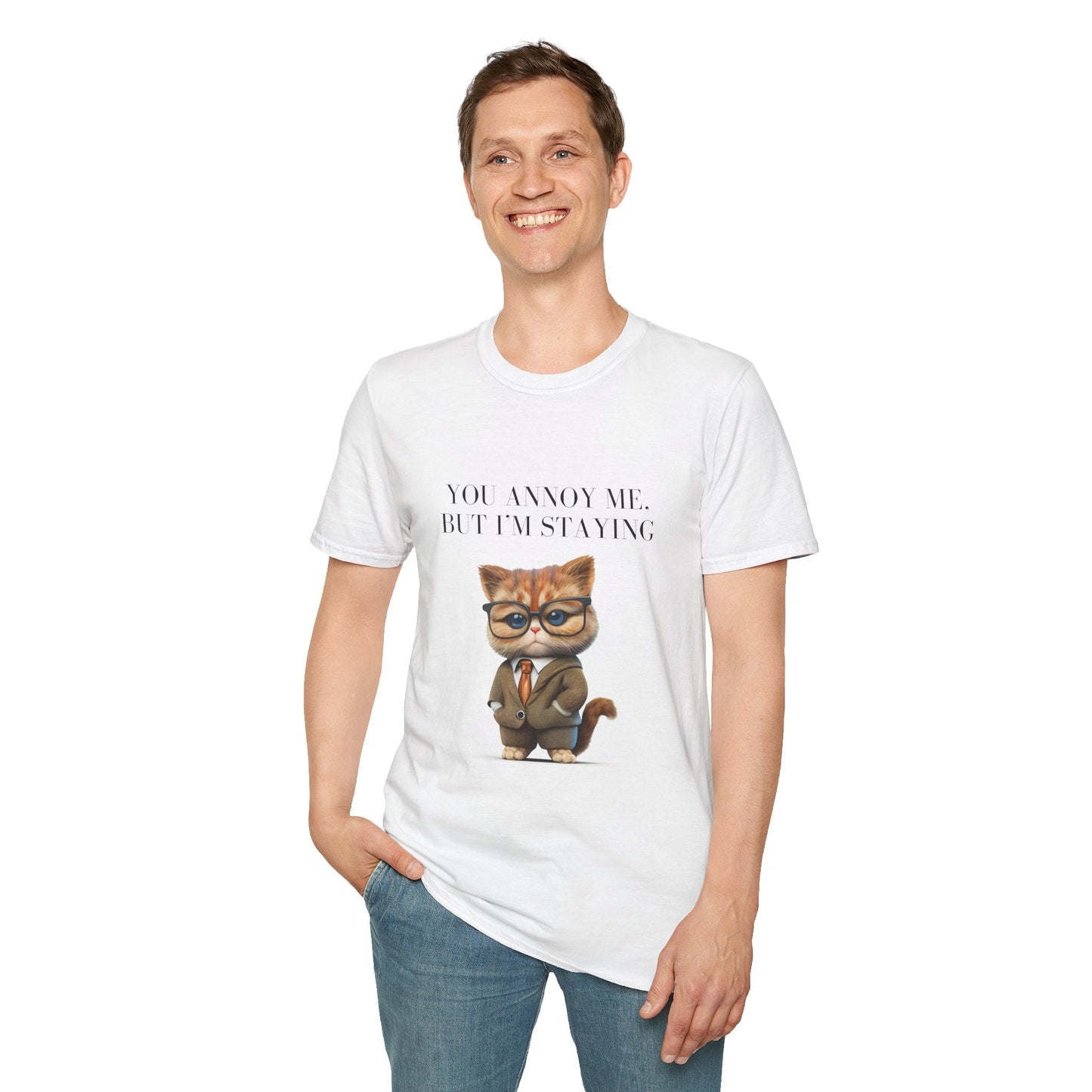 [Unisex Couple T-Shirt] Cat Wearing Glasses with Text: "You Annoy Me, But I’m Staying" - Nordic Official[Unisex Couple T-Shirt] Cat Wearing Glasses with Text: "You Annoy Me, But I’m Staying"T-Shirt