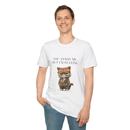 [Unisex Couple T-Shirt] Cat Wearing Glasses with Text: "You Annoy Me, But I’m Staying" - Nordic Official[Unisex Couple T-Shirt] Cat Wearing Glasses with Text: "You Annoy Me, But I’m Staying"T-Shirt
